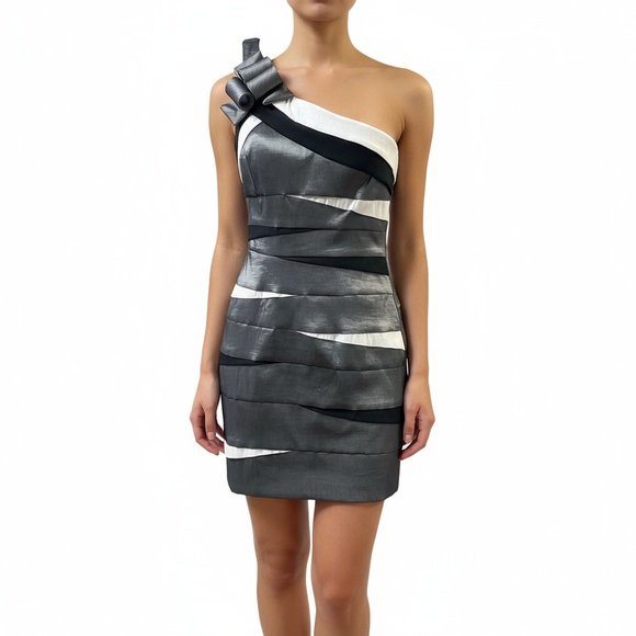 Betsy & Adam Dress Size 8 Grey Black White One Shoulder Banded Sheath Bodycon - Picture 1 of 11